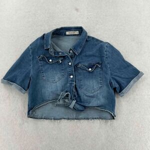 Mebon Women's Blue Button Down Crop Top Cotton Short-Sleeve Collared Sz Large